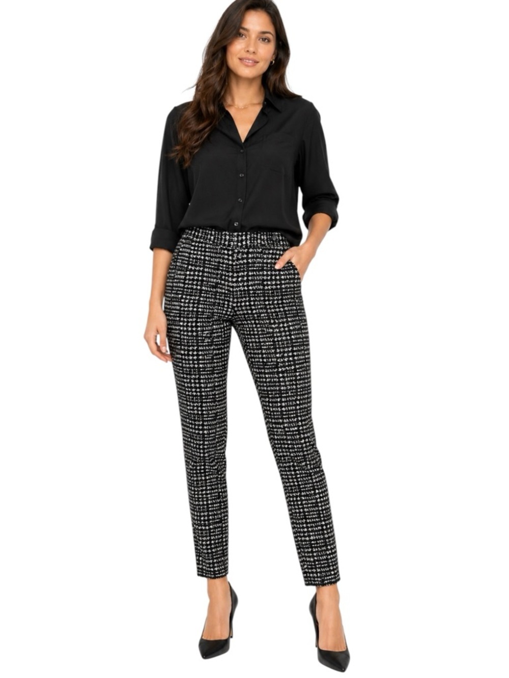 Theory Stretch Jacquard Pants Womens 10 Black White Textured Slim Fit Trousers